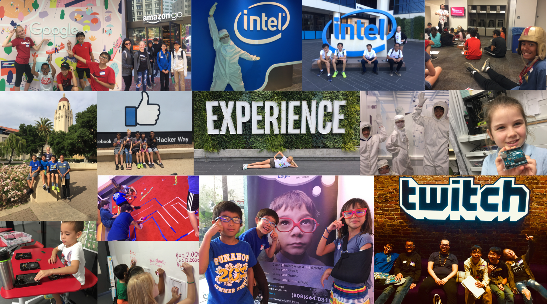 Collection of images of students participating in computer technology related activities like visiting Intel, Twitch, Facebook, Google.