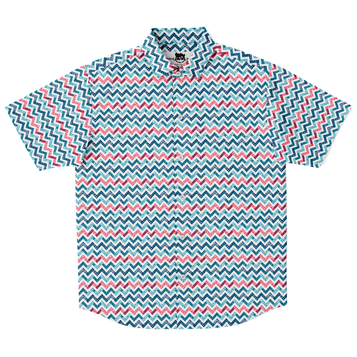 Lots'o Languages Short Sleeve Button Down Shirt - Blue&Pink